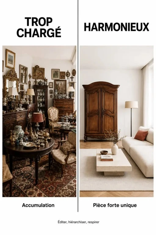 Déco salon mélange ancien et moderne : comparaison entre effet bric-à-brac et composition harmonieuse
