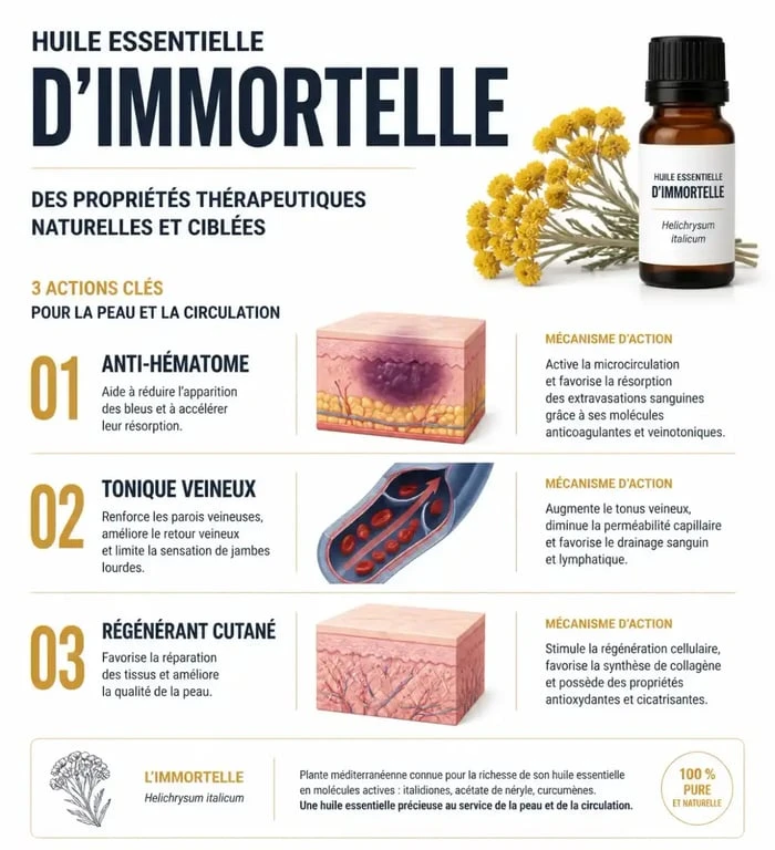 Infographie des bienfaits et propriétés de l'huile immortelle pour la santé