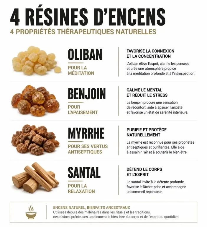 Infographie des bienfaits de l'encens : propriétés thérapeutiques des résines naturelles