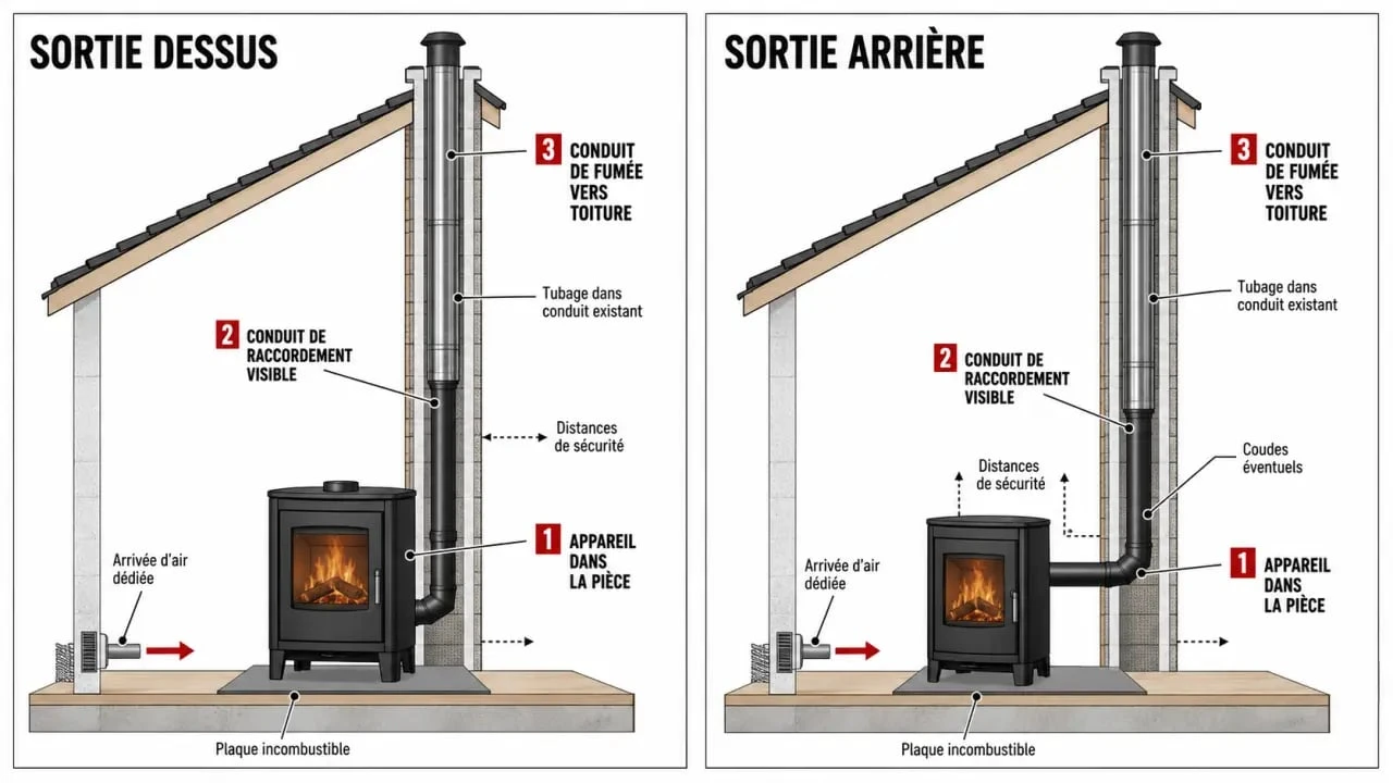 Schéma installation poêle à bois avec sortie dessus et sortie arrière, conduit de raccordement, conduit de fumée et distances de sécurité