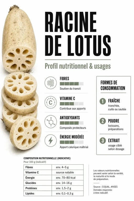 Racine de lotus bienfaits : visuel éditorial sur les fibres, la vitamine C et les usages nutritionnels
