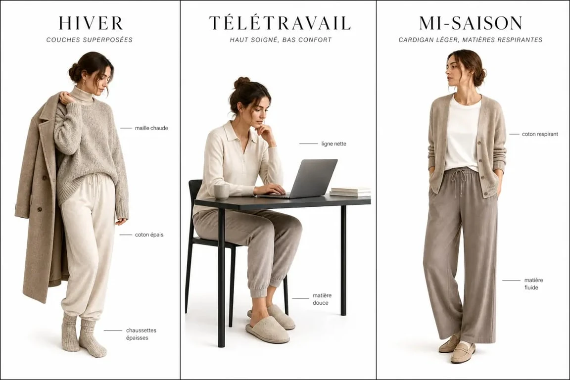 Idées de tenue cocooning femme selon la saison et le moment : hiver, télétravail et mi-saison