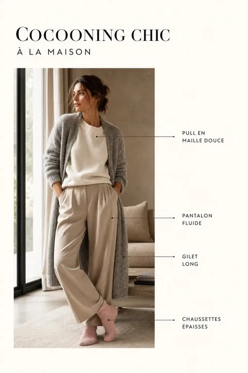 Tenue cocooning femme chic avec pull en maille, pantalon fluide et gilet long dans une ambiance maison chaleureuse