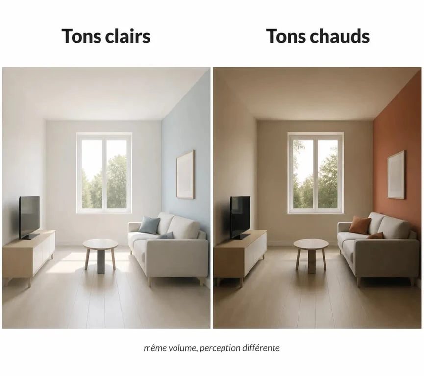 Couleur agrandir piece : comparaison visuelle entre une pièce claire qui paraît plus grande et une pièce plus sombre qui semble plus petite