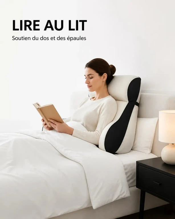 Coussin pour lire au lit utilisé en position semi-assise dans une chambre