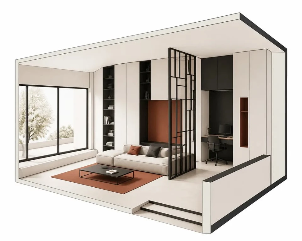 Optimisation espaces dans un petit intérieur avec rangements verticaux et coin bureau discret