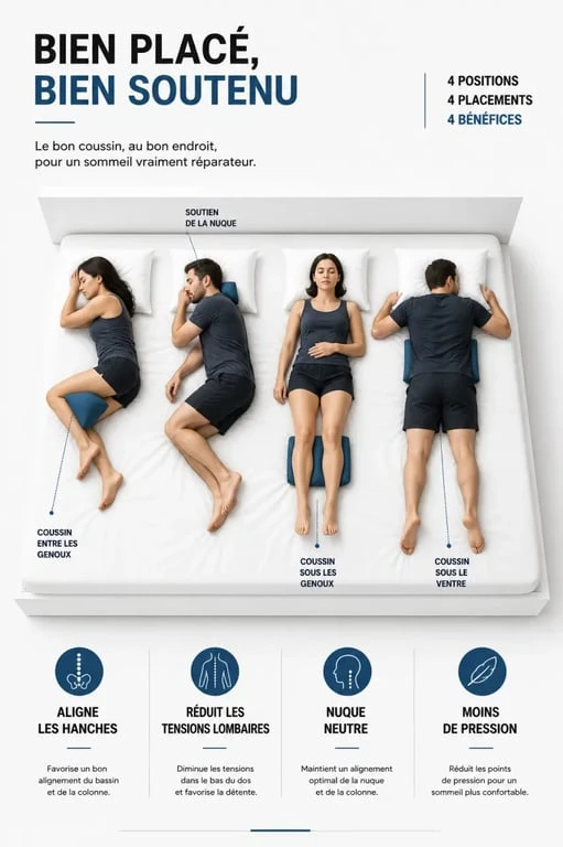 Meilleure position pour dormir : schéma comparatif des positions sur le côté gauche, le dos et le ventre avec placement des coussins
