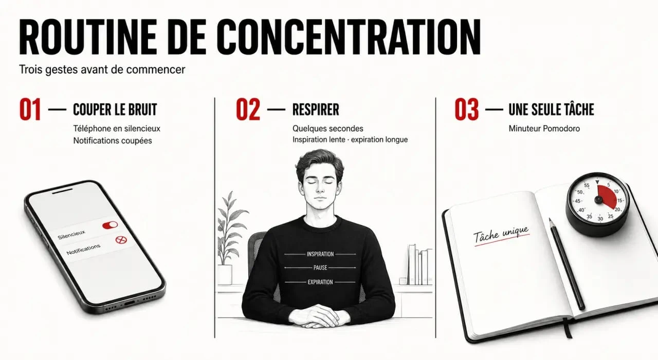Exercice pour la concentration : routine en trois étapes avec téléphone coupé, respiration et session Pomodoro