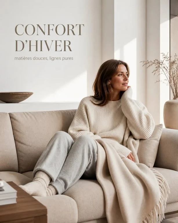 Tenue cocooning femme en salon lumineux avec pull oversize et jogging en maille