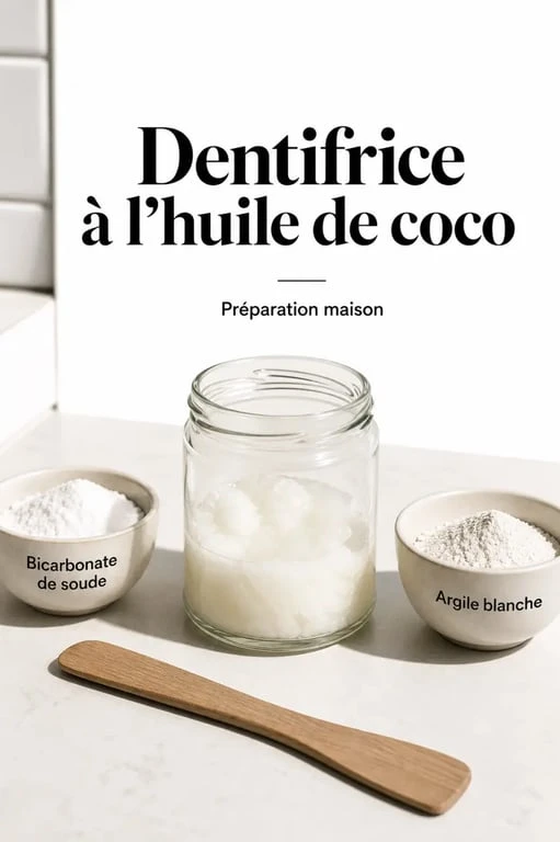Préparation d’un dentifrice huile de coco en pot en verre avec huile de coco, bicarbonate et argile blanche