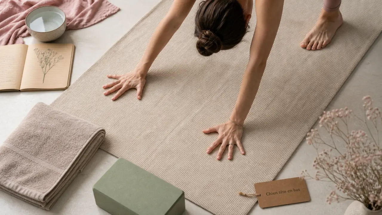 Position yoga chien tête en bas : genoux fléchis, mains et pieds stables