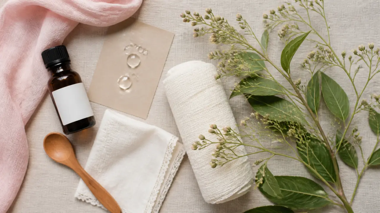 Ravintsara : huile essentielle bienfaits et usages, sur fond kraft