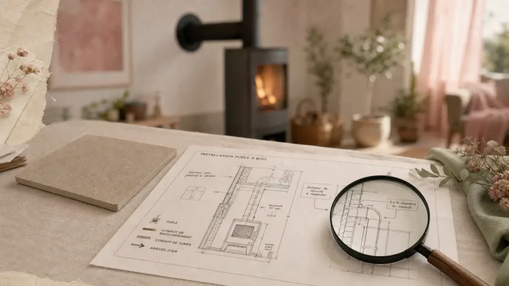 Schéma d’installation d’un poêle à bois : distances de sécurité, conduit et points de contrôle