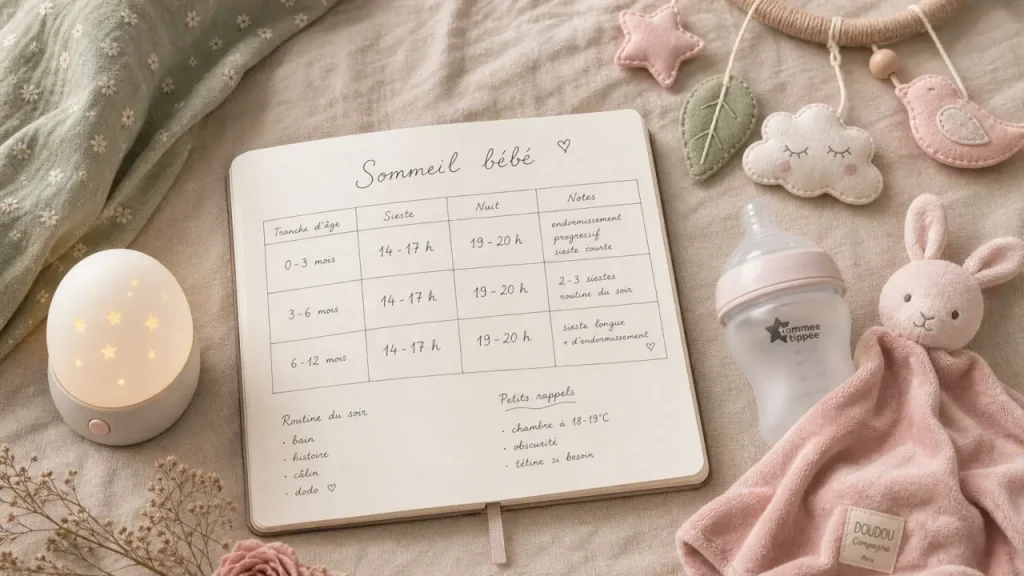 Bébé de 3 mois : 14 à 17 heures de sommeil, des siestes à surveiller et un coucher vers 19h-20h