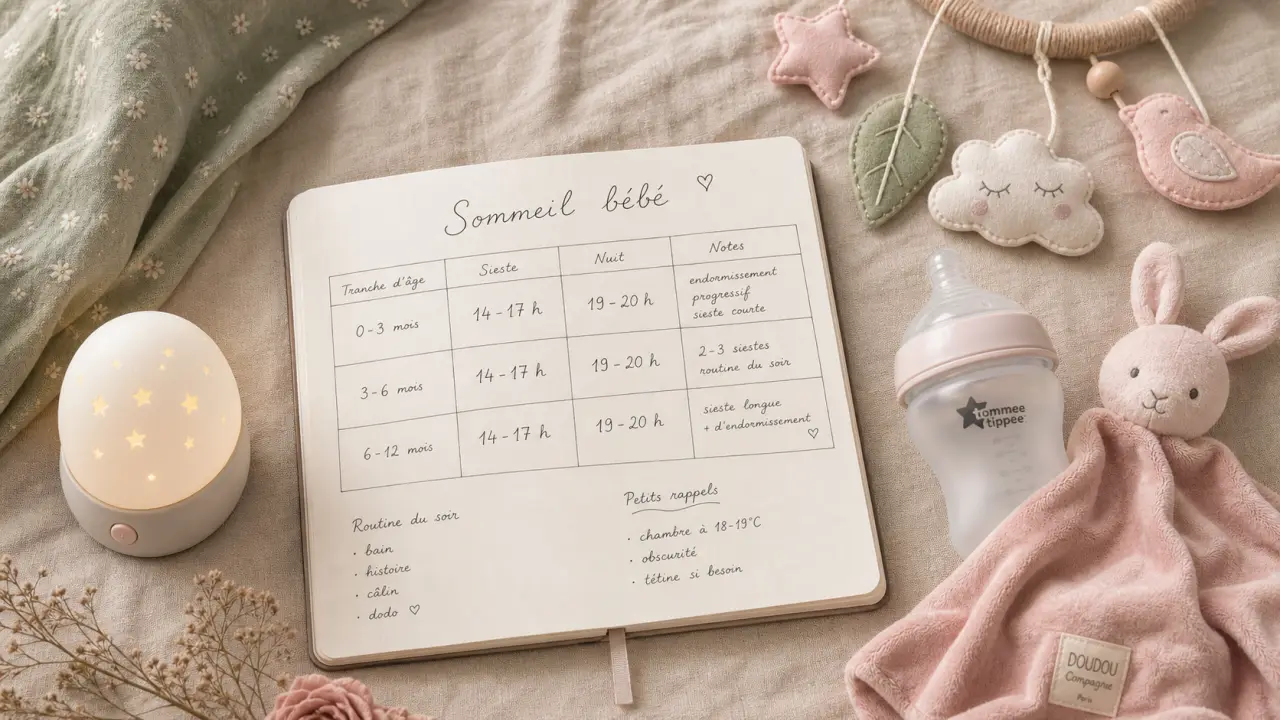 Temps sommeil bébé 3 mois : 14–17 h et coucher 19h–20h