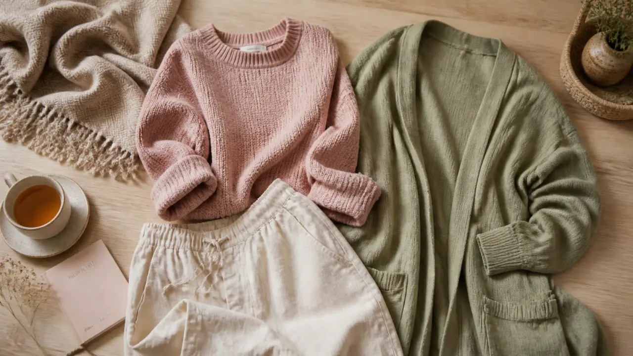 Tenue cocooning femme : ensemble homewear chaud sur table en bois