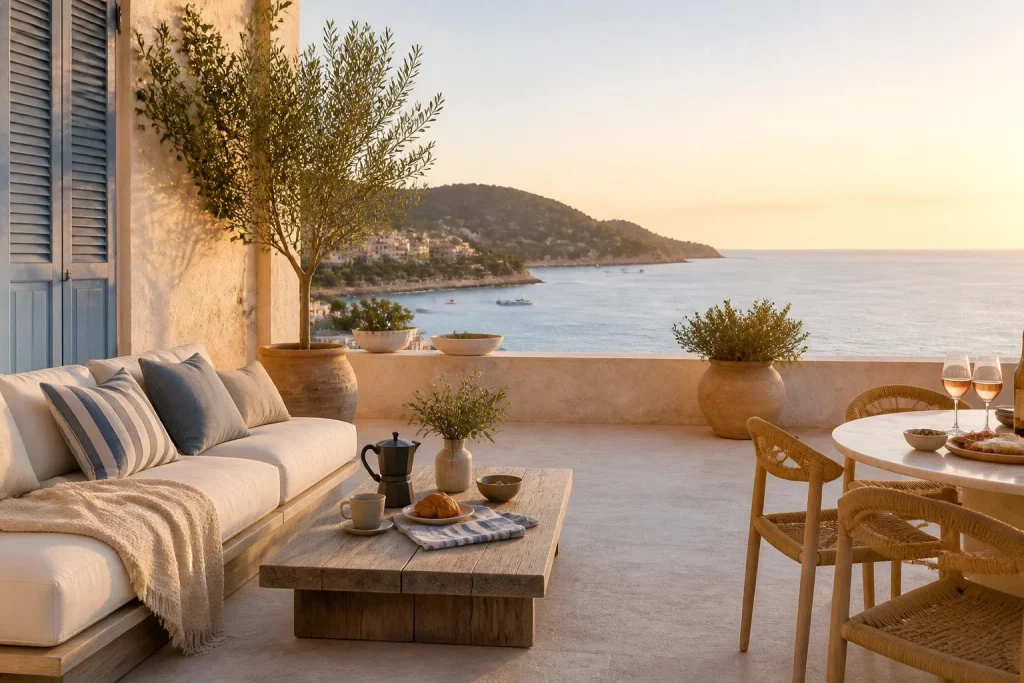 Terrasse chic inspirée par la French Riviera : matières, couleurs et erreurs qui cassent l&rsquo;effet bord de mer