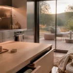 Intérieur d’une tiny house luxe avec terrasse premium, bois clair et lin naturel.