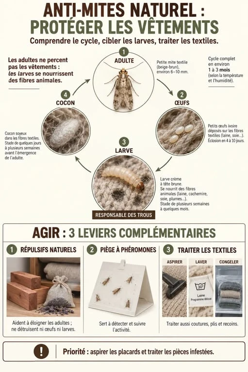 Infographie sur l’anti-mites naturel pour vêtements et le cycle de la mite textile