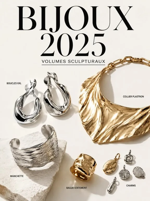 Bijoux tendance 2025 : sélection éditoriale de boucles XXL, collier plastron, manchette et bague sculpturale