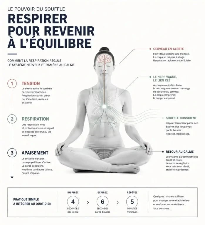 Illustration du processus de respiration consciente pour être serein et retrouver le calme intérieur