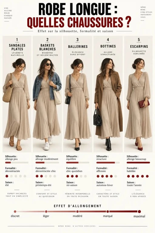 Quelle chaussure avec une robe longue : comparaison entre sandales, baskets, ballerines, bottines et escarpins