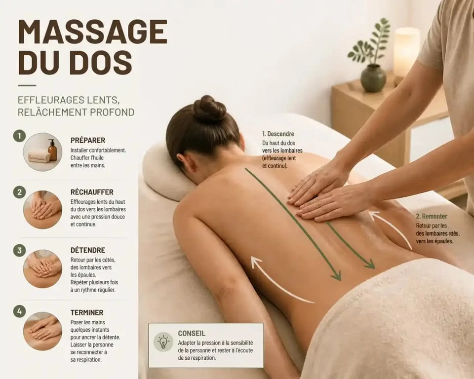 Massage du dos en étapes avec effleurages lents et relâchement des tensions
