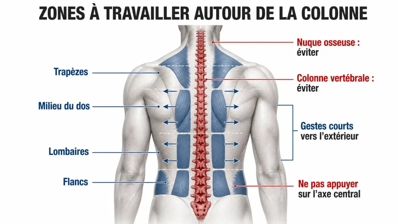 Schéma des zones du massage du dos à privilégier et à éviter