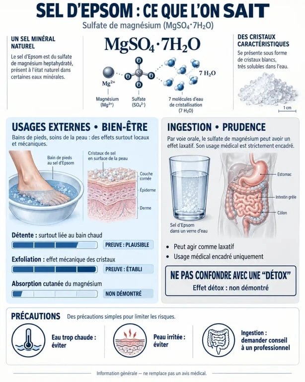 Infographie scientifique sur les bienfaits du sel d’Epsom, ses usages externes et ses précautions