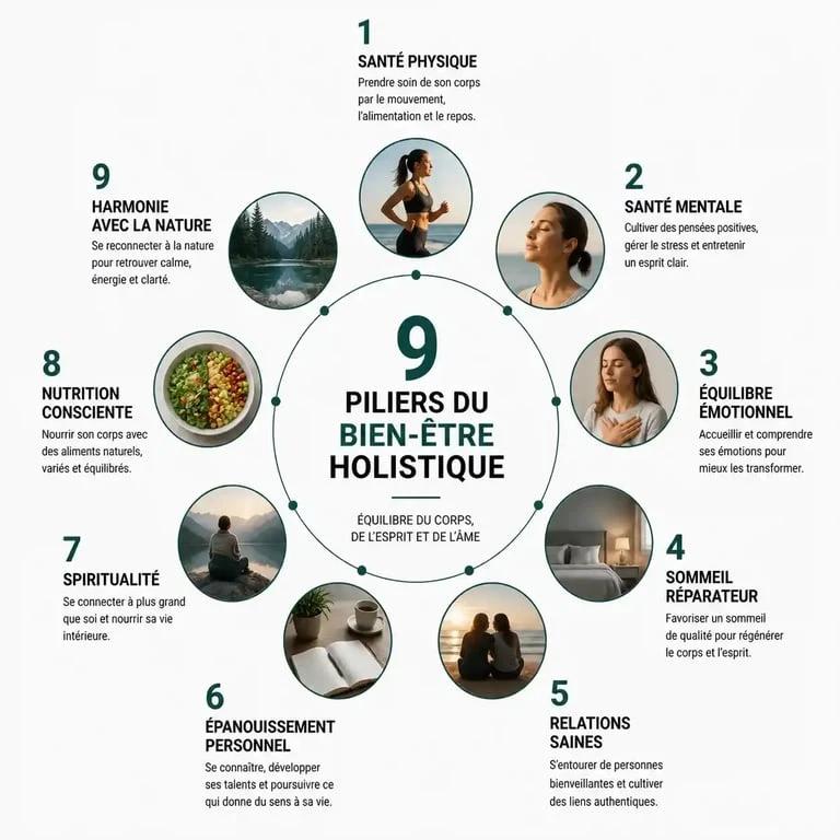 Infographie des 9 piliers du bien-être holistique pour une santé globale