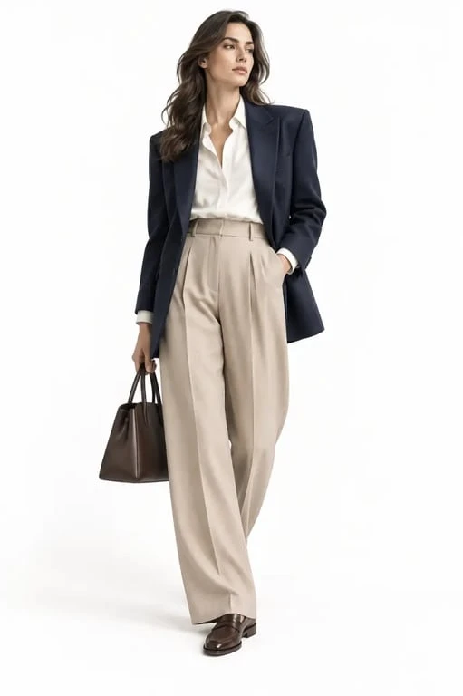 Tenue décontractée femme casual chic avec pantalon fluide et blazer