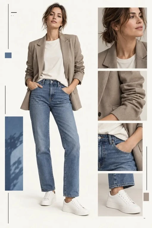 Tenue décontractée femme avec jean droit, t-shirt écru, blazer et baskets