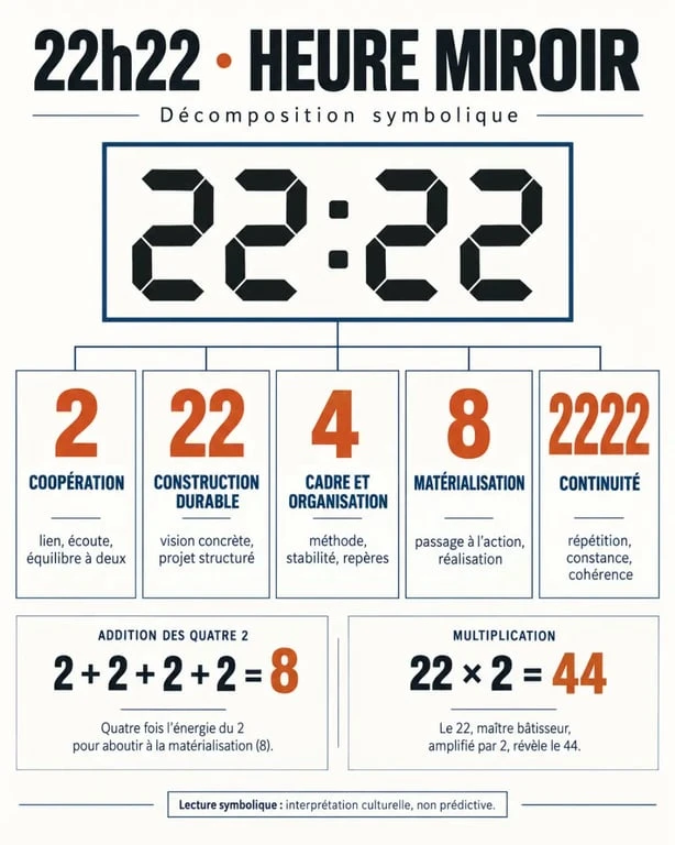 Infographie sur 22h22 heure miroir et la signification symbolique des nombres 2, 22, 4, 8 et 2222