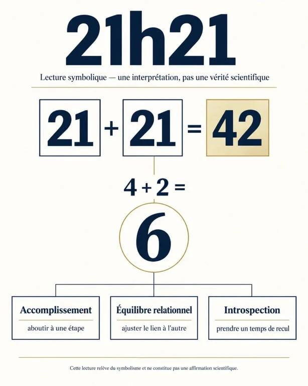 21.21 heure miroir : calcul symbolique de 21 + 21 = 42 puis 4 + 2 = 6