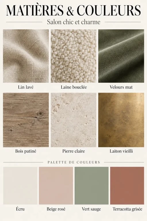 Palette de matières et couleurs pour une déco de salon chic et charme
