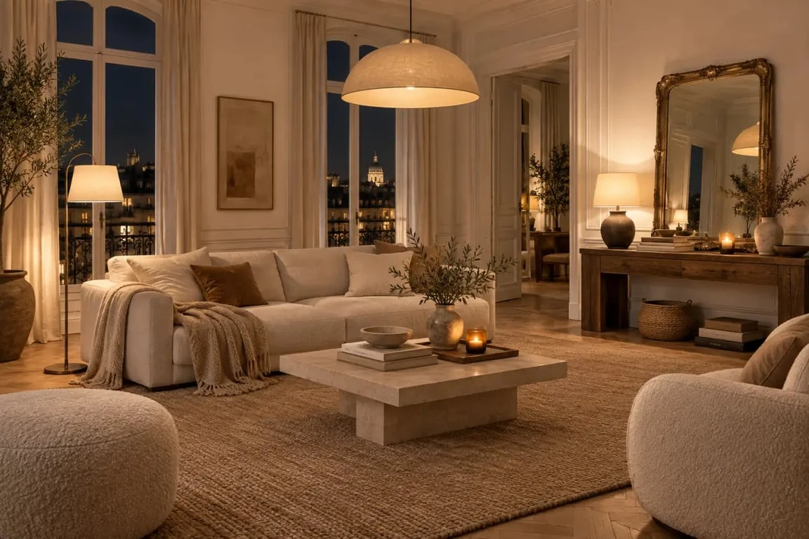 Éclairage et accessoires d'une déco de salon chic et charme