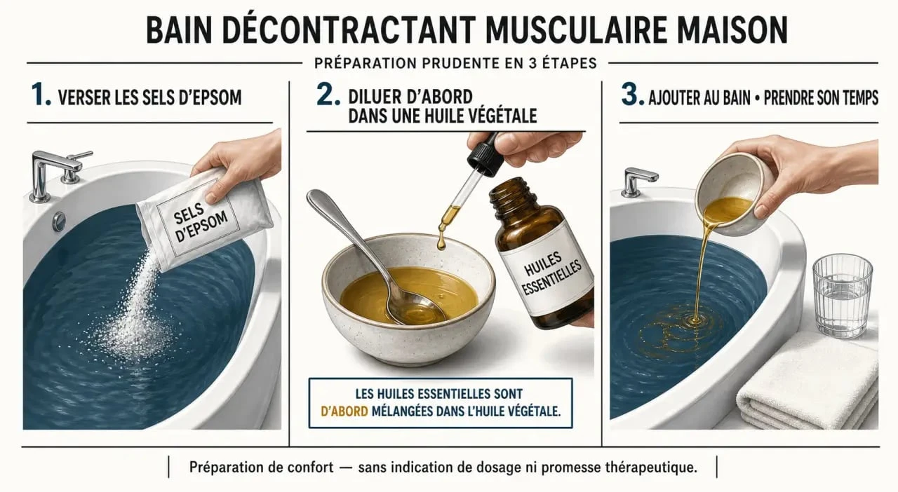 Préparation d’un bain décontractant musculaire maison avec sels d’Epsom et huiles essentielles diluées