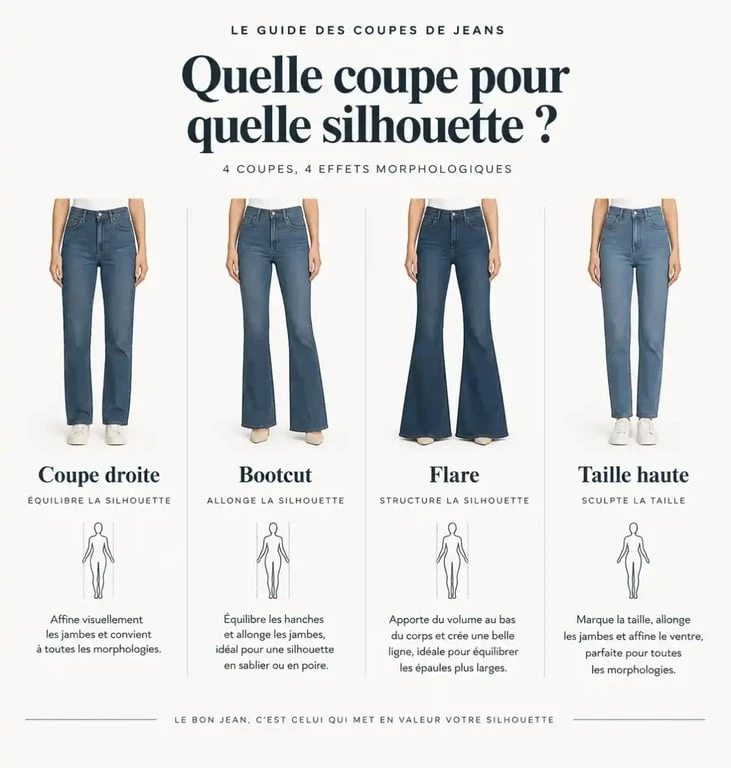 Quel jean pour femme ronde : comparatif des coupes droite, bootcut, flare et taille haute