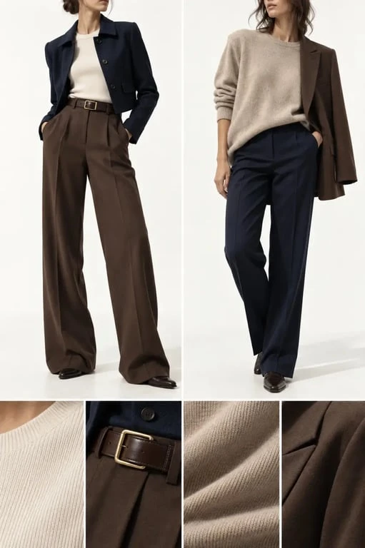 Exemples de proportions, matières et pièces structurées pour un style casual chic femme