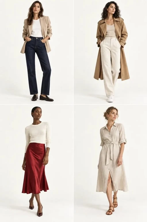 Quatre idées de tenues style casual chic femme pour le bureau, la ville, le dîner et l'été