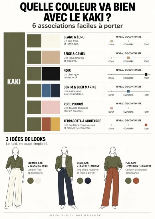 Quelle couleur va bien avec un vêtement kaki : palette d'associations avec blanc, camel, noir, bleu et terracotta