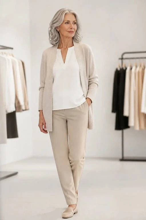 magasin vêtement femme 70 ans : femme de 70 ans en tenue élégante et confortable