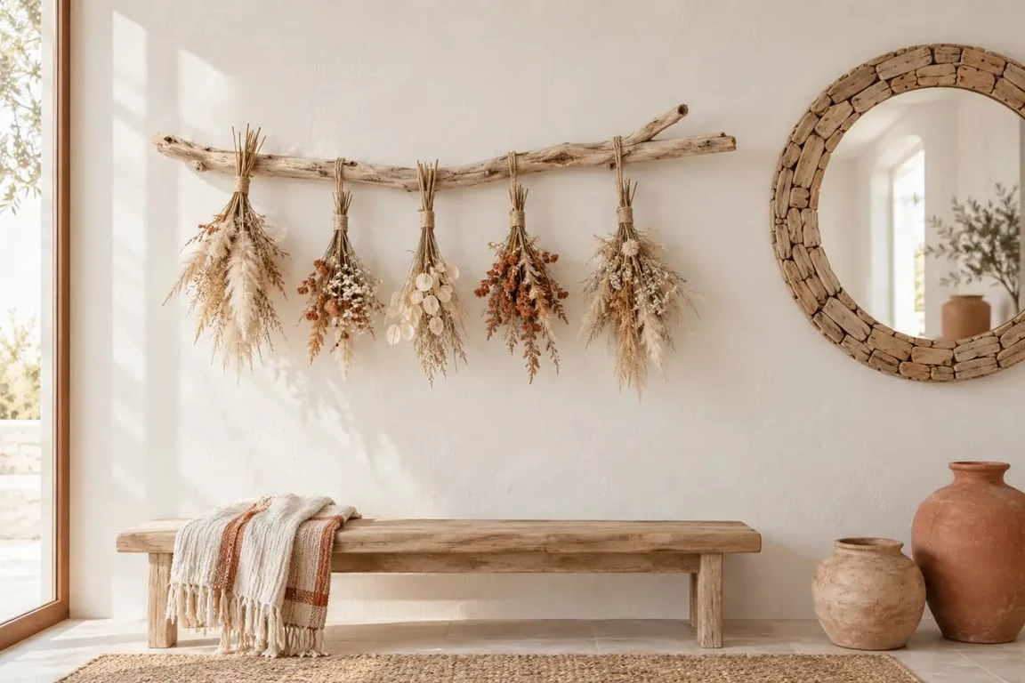 Idées déco bois flotté ambiance nature avec suspension murale, fleurs séchées et miroir