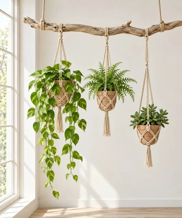 Idées déco bois flotté ambiance nature avec plantes suspendues en macramé