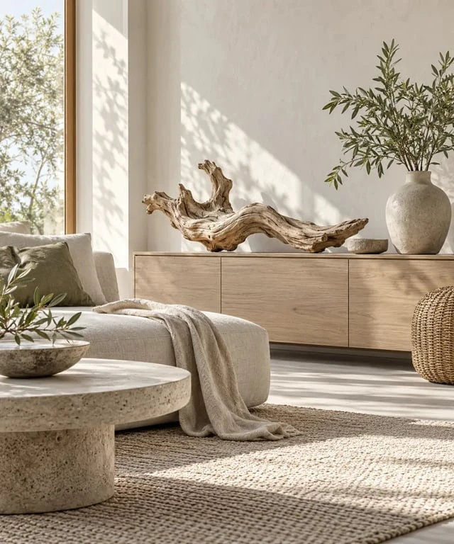 Idées déco bois flotté ambiance nature dans un salon avec lin, rotin et feuillages