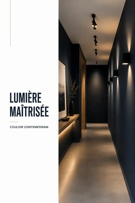 Idée déco couloir moderne sombre avec éclairage multipoint et ambiance cocon