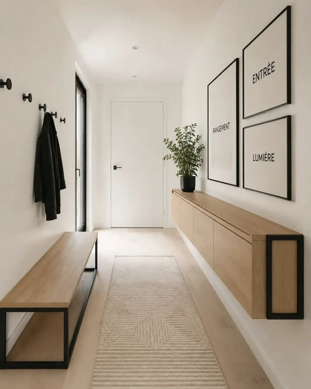 Idée déco couloir moderne avec rangements suspendus et galerie murale