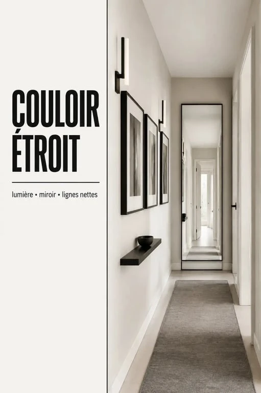Idée déco couloir moderne avec miroir vertical, cadres et appliques dans un couloir étroit