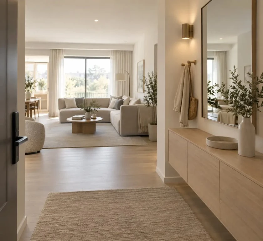 Idée de séparation entre entrée et salon dans un petit espace avec meuble bas, miroir et tapis