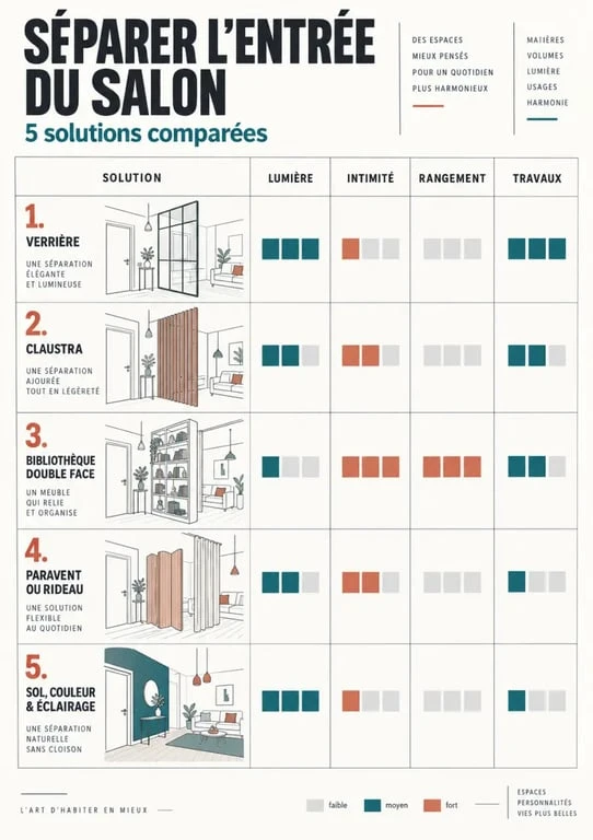Infographie des idées de séparation entre entrée et salon selon la lumière, l’intimité et le rangement